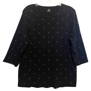 CJ Banks Cherry Tee Womens Size 1X Black with Cherries Casual Long Sleeve Top